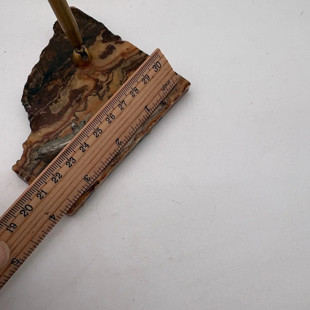 Vintage MCM Stone Slab Desk Pen Holder Metal Pig pork farm animal butcher Agate‎